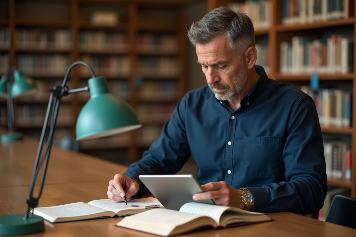 Homme consultant des ouvrages de référence dans une bibliothèque publique pour vérifier des sources en ligne