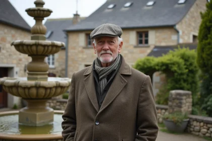 Homme âgé dans un village de Saint Goussaud près d'une fontaine ancienne
