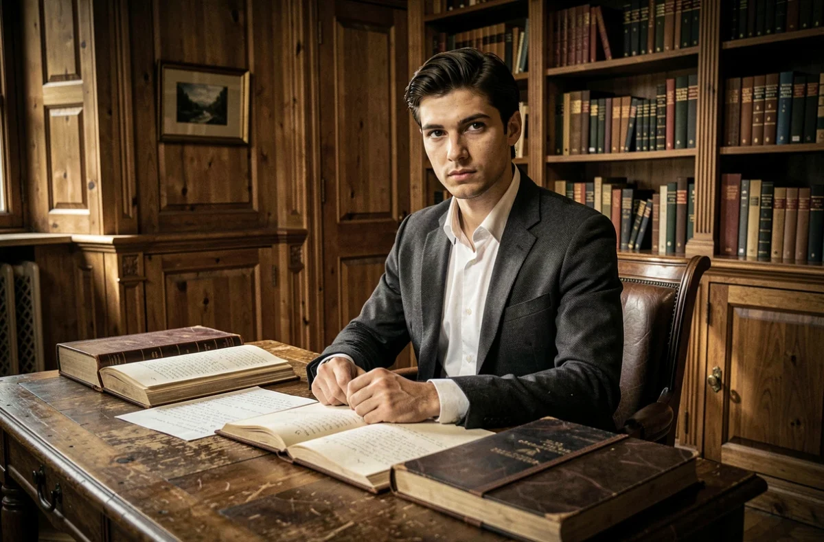 Personnage au regard de renard assis à un bureau ancien entouré de livres dans une bibliothèque d'académie, évoquant un antagoniste studieux et calculateur