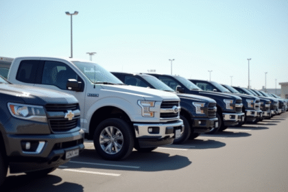 Ligne de pickups d'occasion dans un parking en plein air