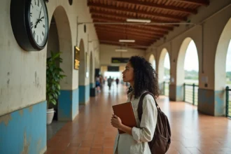 Voyageuse consultant l'heure locale dans un terminal aéroport de Guyane française avant son départ